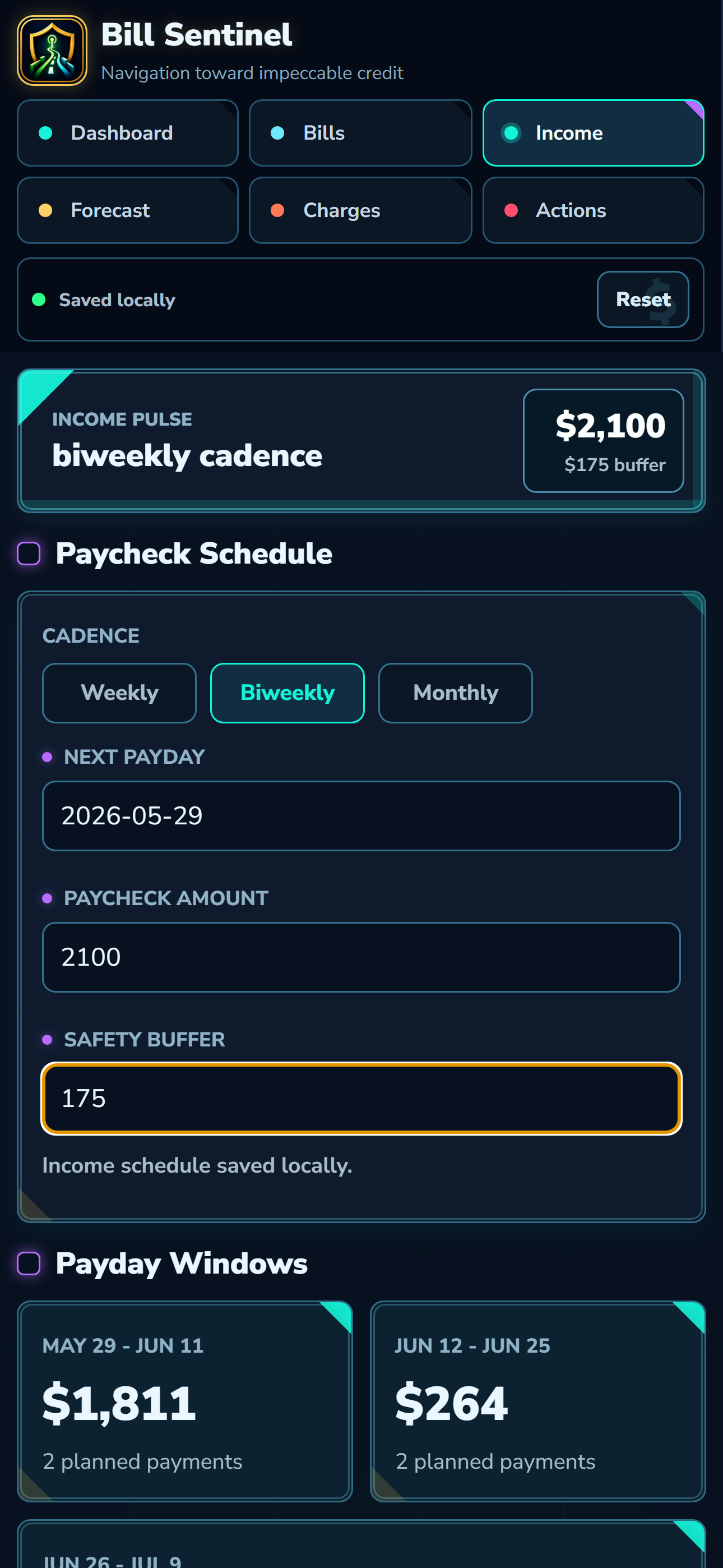 Bill Sentinel paycheck schedule screenshot