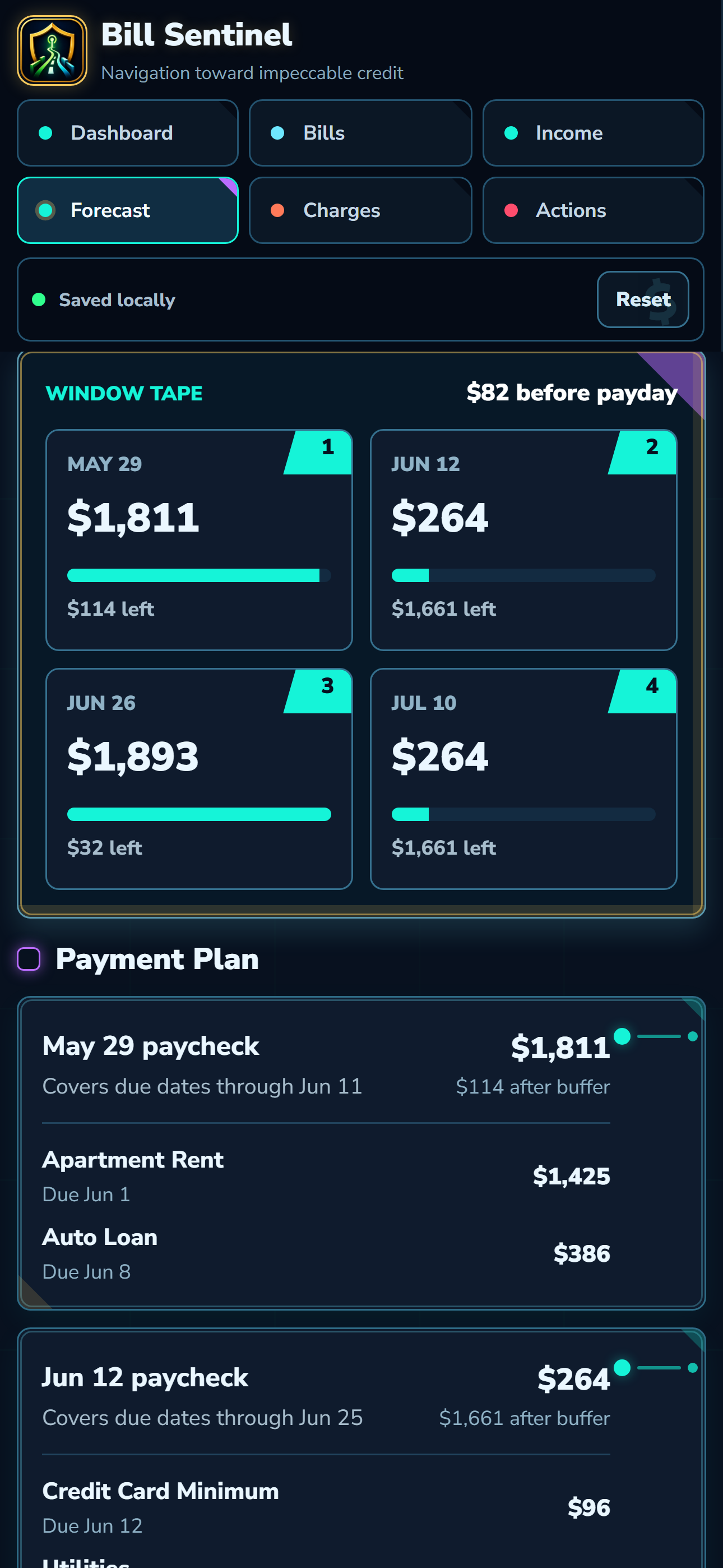 Bill Sentinel forecast payment plan screenshot