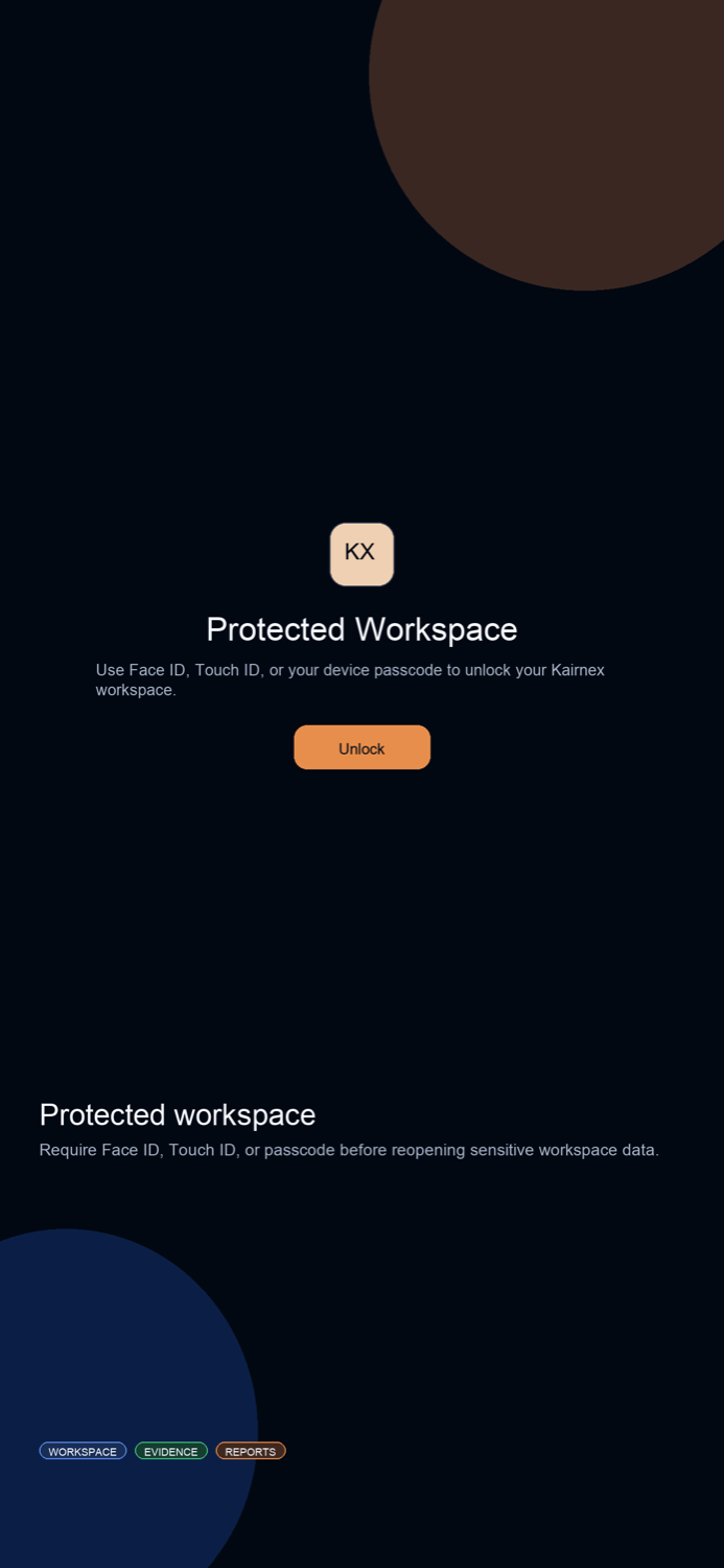 KairnexEvidence protected workspace screenshot