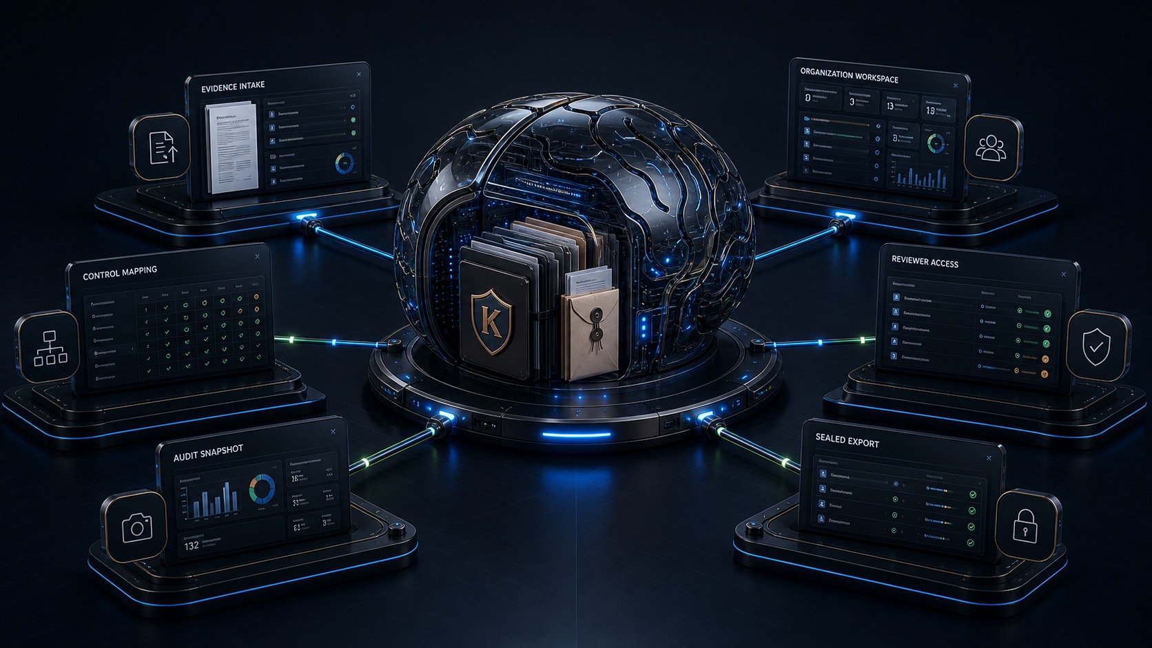 KairnexEvidence system visual showing a secure evidence brain hub connected to evidence intake, control mapping, reviewer access, audit snapshot, and sealed export modules.