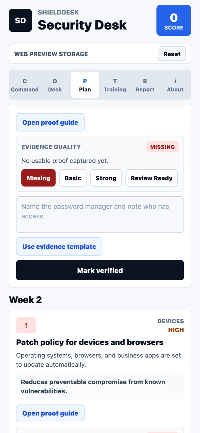 ShieldDesk evidence notes screenshot