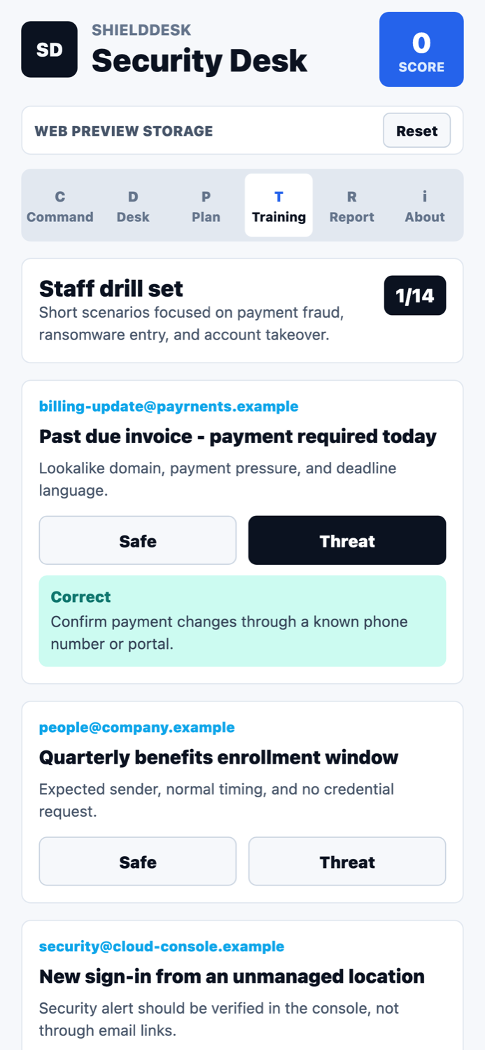 ShieldDesk training feedback screenshot