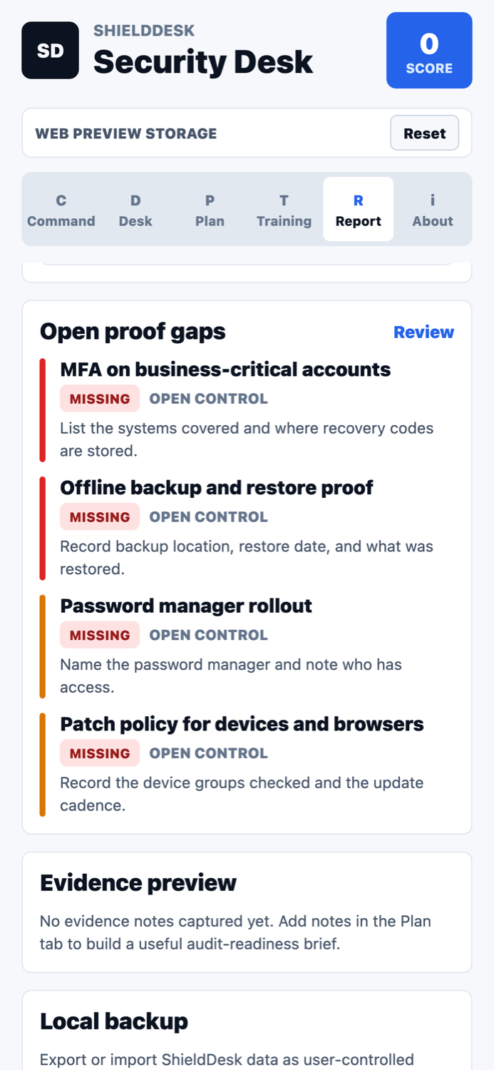 ShieldDesk evidence and playbooks screenshot